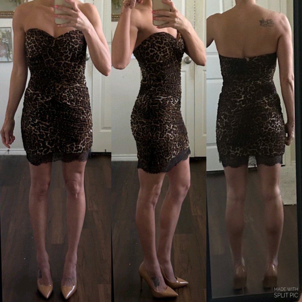 Bcbgmaxazria Brown Tan Black Leopard Print Strapless Ruched Mini Bodycon Dress
